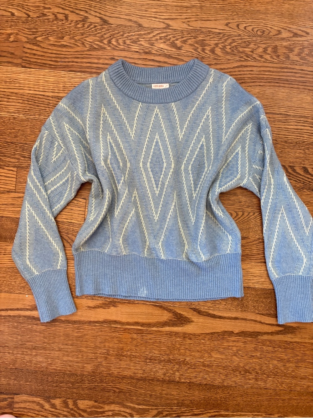 Kerisma Cropped Light Blue Diamond-Pattern Crewneck Sweater